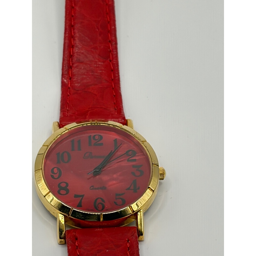 Parmeni Quartz Gold Tone Red Dial Leather Band Women's Watch